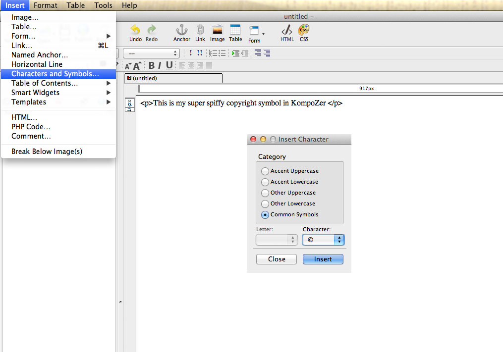 Add Copyright Symbol in KompoZer.