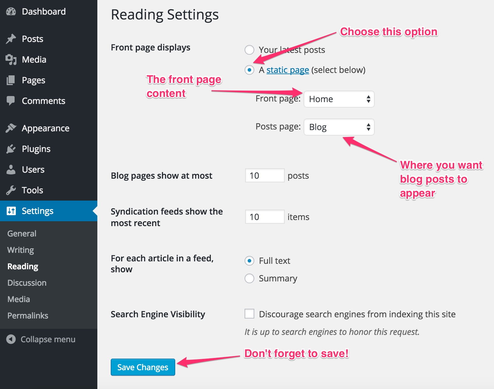 Static Front Page in WordPress